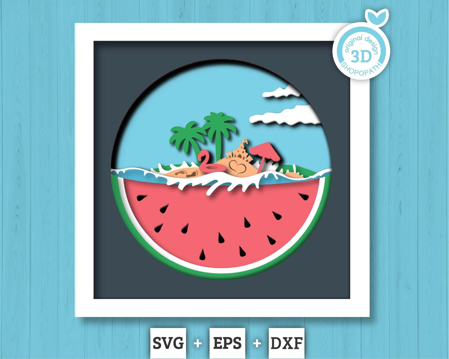 3D Layered Summer SVG EPS, Sea Wave Shadow Box, Beach 3D Svg, Watermelon Layered Papercut svg, Cricut Silhouette