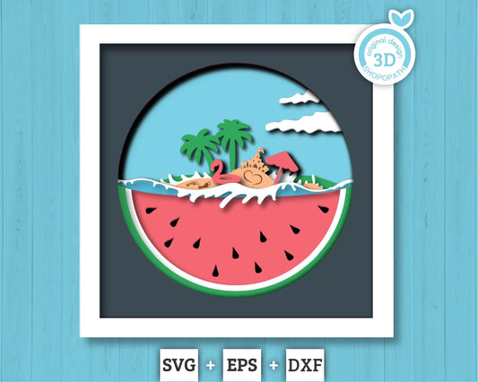 3D Layered Summer SVG EPS, Sea Wave Shadow Box, Beach 3D Svg, Watermelon Layered Papercut svg, Cricut Silhouette