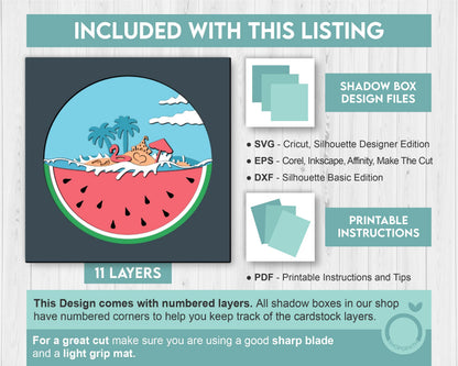 3D Layered Summer SVG EPS, Sea Wave Shadow Box, Beach 3D Svg, Watermelon Layered Papercut svg, Cricut Silhouette