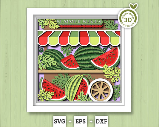 3D SVG Watermelon Stand Shadow Box SVG, Summer Shadow Box, Watermelon Slice 3d SVG, Flowers 3d svg, Summer Layered 3d svg Cricut Silhouette