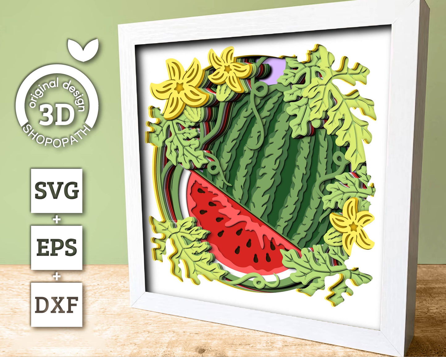 3D SVG Watermelon Shadow Box SVG, Summer Shadow Box, Flowers 3d svg, Watermelon Slice 3d SVG, Summer Fruits Layered 3d svg Cricut Silhouette