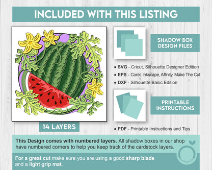3D SVG Watermelon Shadow Box SVG, Summer Shadow Box, Flowers 3d svg, Watermelon Slice 3d SVG, Summer Fruits Layered 3d svg Cricut Silhouette
