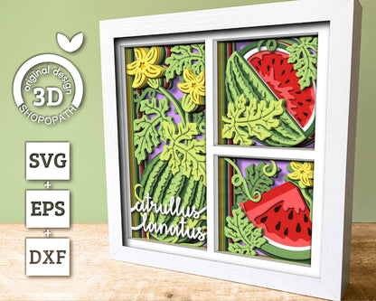 3D SVG Watermelon Shadow Box SVG, Summer Shadow Box, Watermelon Slice 3d SVG, Flowers 3d svg, Summer Fruits Layered 3d svg Cricut Silhouette