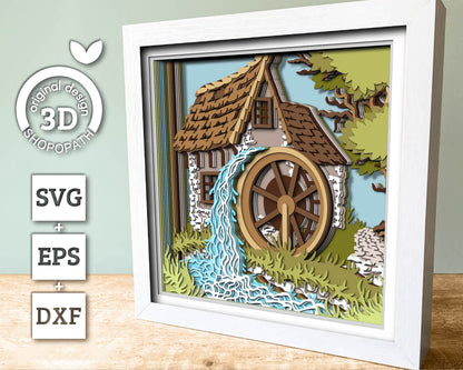 Water Mill Shadow Box 3D SVG , Layered Cabin SVG, River 3d Svg, Layered Mill 3D Svg, Summer Shadow Box, 3D Water Flow Svg, Cricut Silhouette