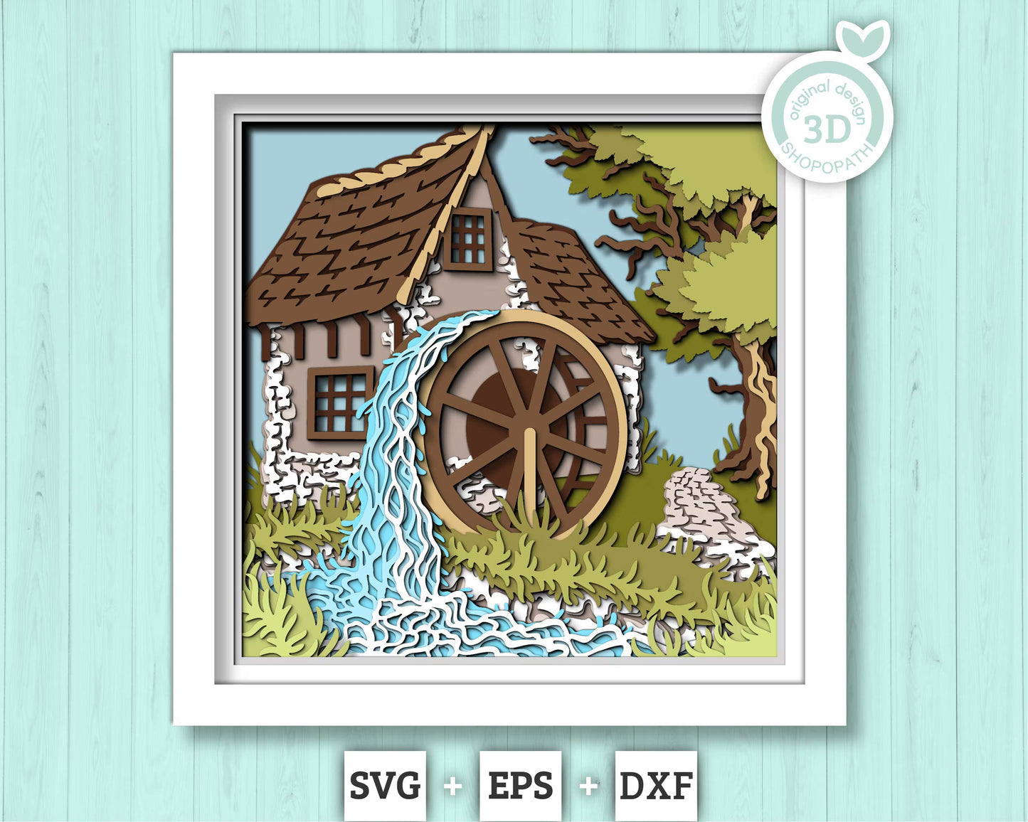 Water Mill Shadow Box 3D SVG , Layered Cabin SVG, River 3d Svg, Layered Mill 3D Svg, Summer Shadow Box, 3D Water Flow Svg, Cricut Silhouette
