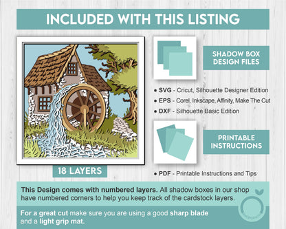 Water Mill Shadow Box 3D SVG , Layered Cabin SVG, River 3d Svg, Layered Mill 3D Svg, Summer Shadow Box, 3D Water Flow Svg, Cricut Silhouette