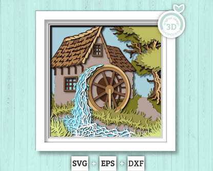 Water Mill Shadow Box 3D SVG , Layered Cabin SVG, River 3d Svg, Layered Mill 3D Svg, Summer Shadow Box, 3D Water Flow Svg, Cricut Silhouette