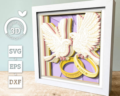 Wedding Doves with Wedding Rings - 3D Shadow Box Layered SVG DXF EPS (Cutting Files)
