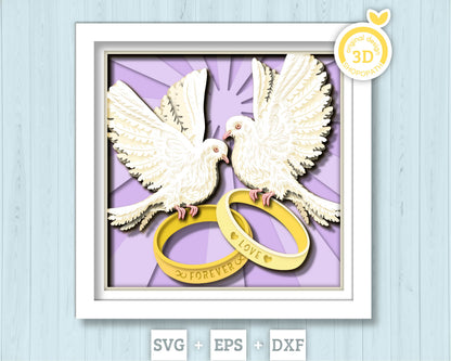 Wedding Doves with Wedding Rings - 3D Shadow Box Layered SVG DXF EPS (Cutting Files)