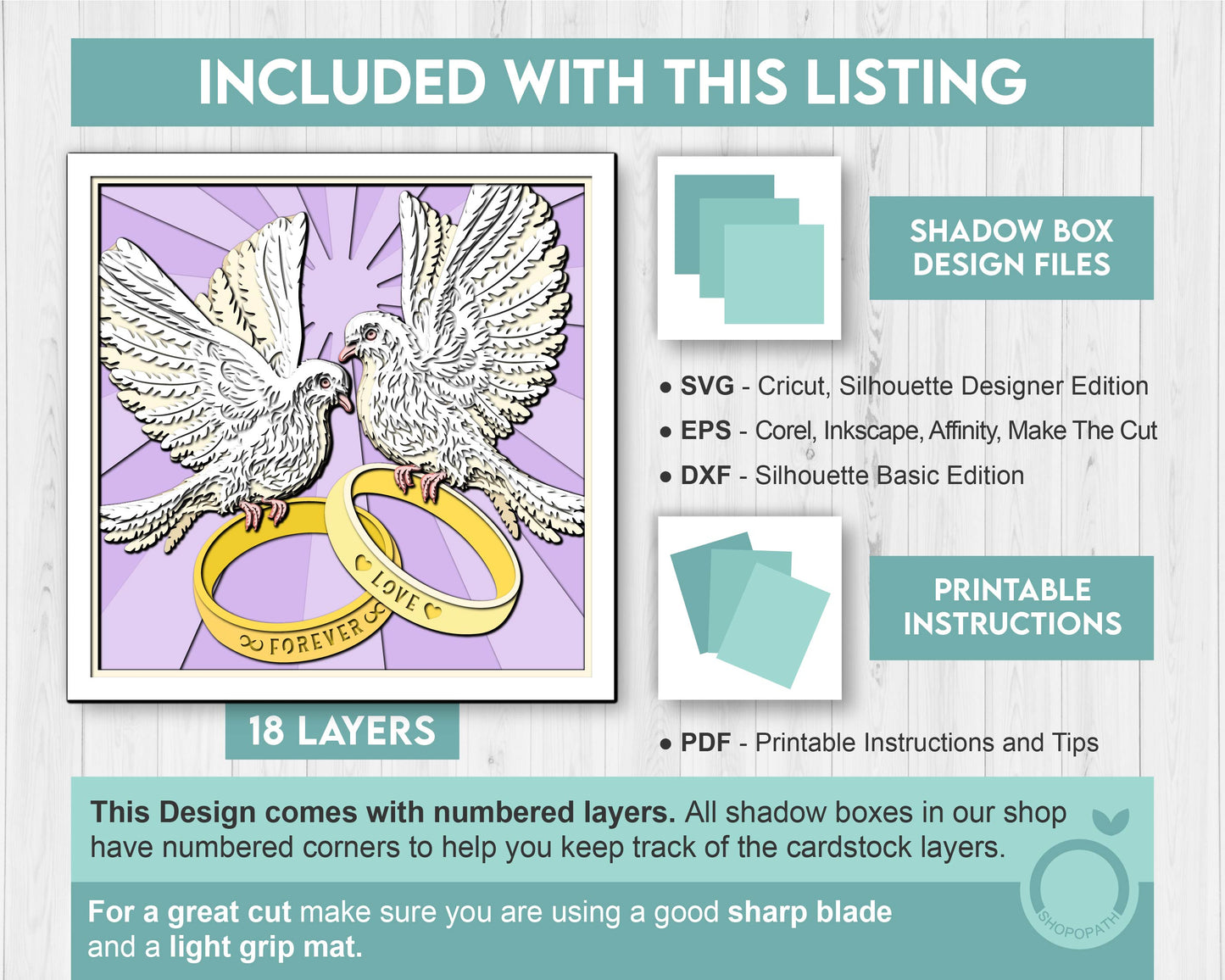 Wedding Doves with Wedding Rings - 3D Shadow Box Layered SVG DXF EPS (Cutting Files)