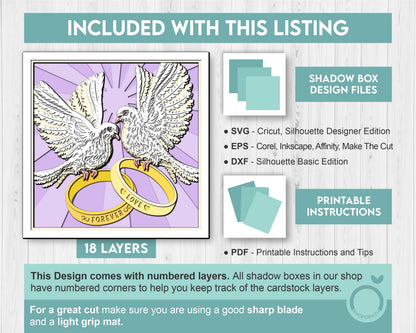 Wedding Doves with Wedding Rings - 3D Shadow Box Layered SVG DXF EPS (Cutting Files)