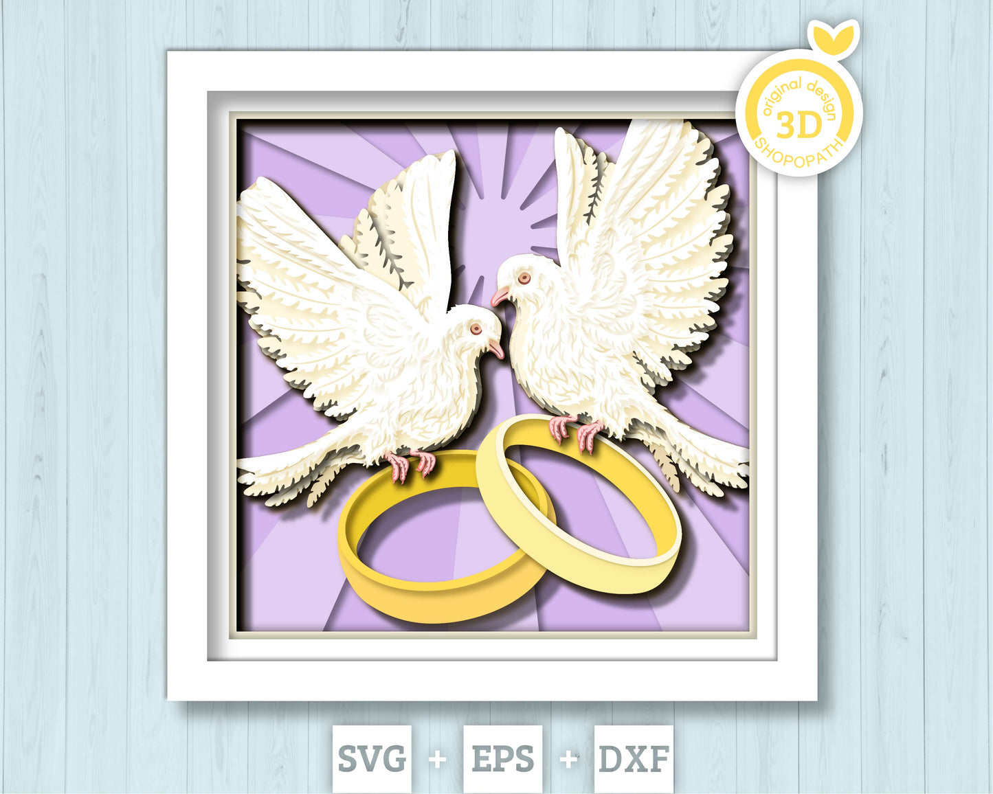Wedding Doves with Wedding Rings - 3D Shadow Box Layered SVG DXF EPS (Cutting Files)