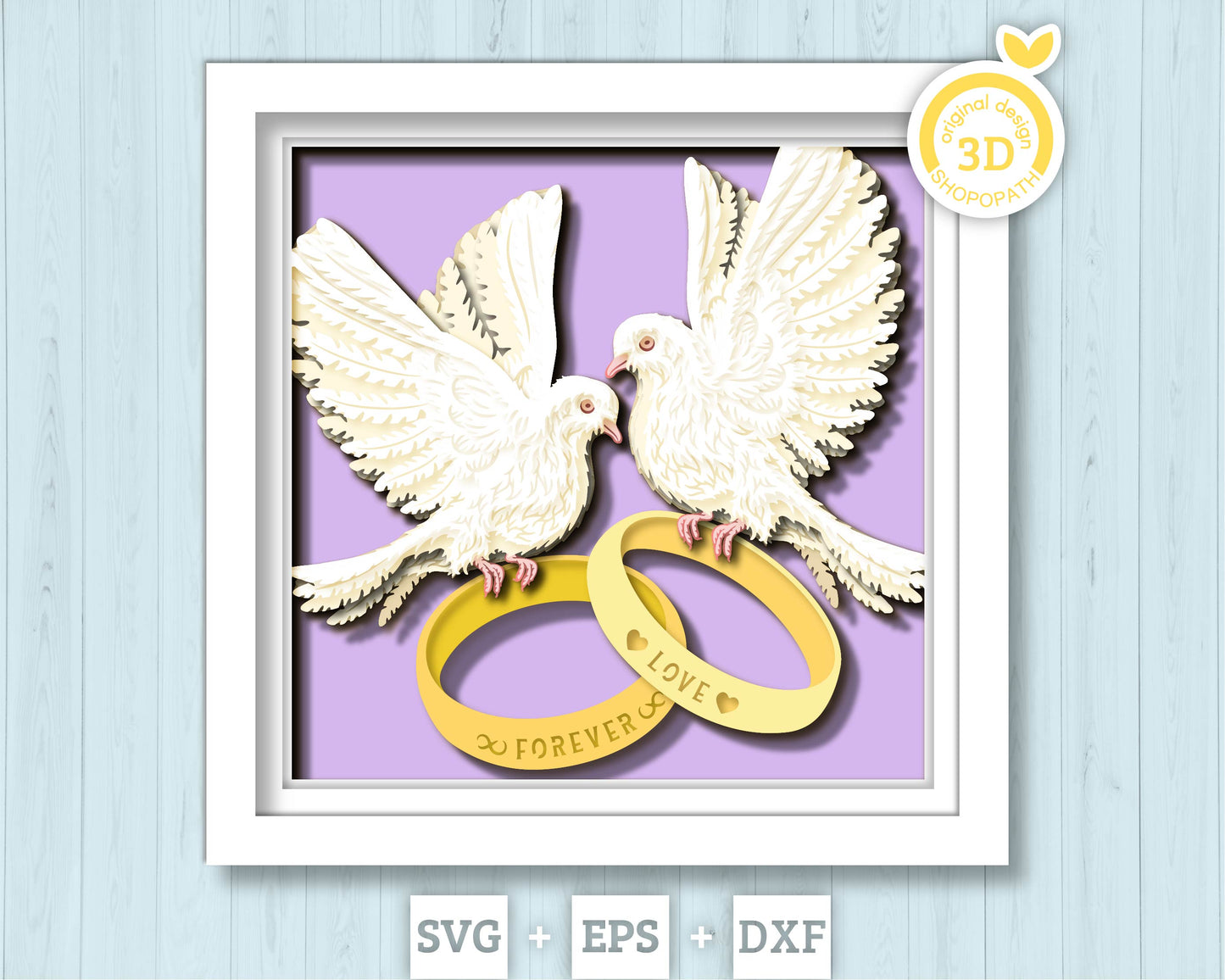 Wedding Doves with Wedding Rings - 3D Shadow Box Layered SVG DXF EPS (Cutting Files)