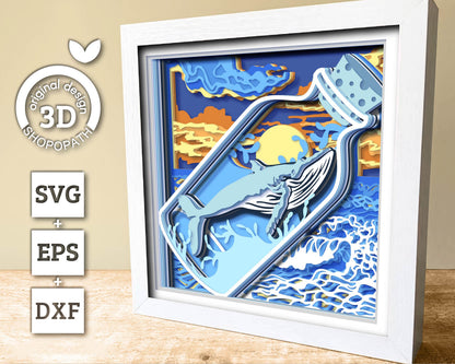3D SVG Whale With Sunset Shadow Box, Sunset 3D Svg, Bottle 3d Svg, Whale 3d svg, Summer 3d Svg, 3D SVG Beach Shadow Box Cricut Silhouette