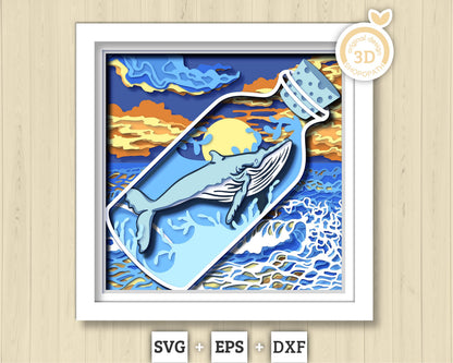 3D SVG Whale With Sunset Shadow Box, Sunset 3D Svg, Bottle 3d Svg, Whale 3d svg, Summer 3d Svg, 3D SVG Beach Shadow Box Cricut Silhouette
