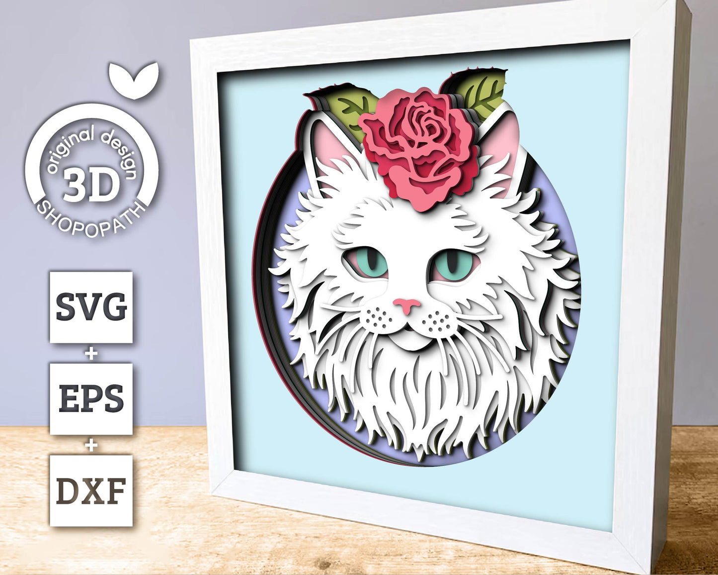 Persian White Cat Head with Rose - 3D Shadow Box Layered SVG DXF EPS (Cutting Files)