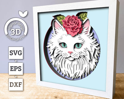 Persian White Cat Head with Rose - 3D Shadow Box Layered SVG DXF EPS (Cutting Files)