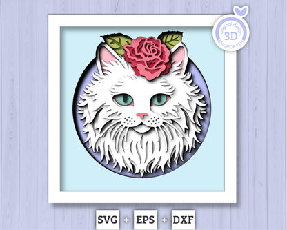 Persian White Cat Head with Rose - 3D Shadow Box Layered SVG DXF EPS (Cutting Files)