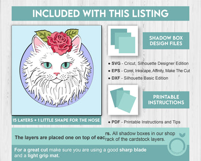 Persian White Cat Head with Rose - 3D Shadow Box Layered SVG DXF EPS (Cutting Files)