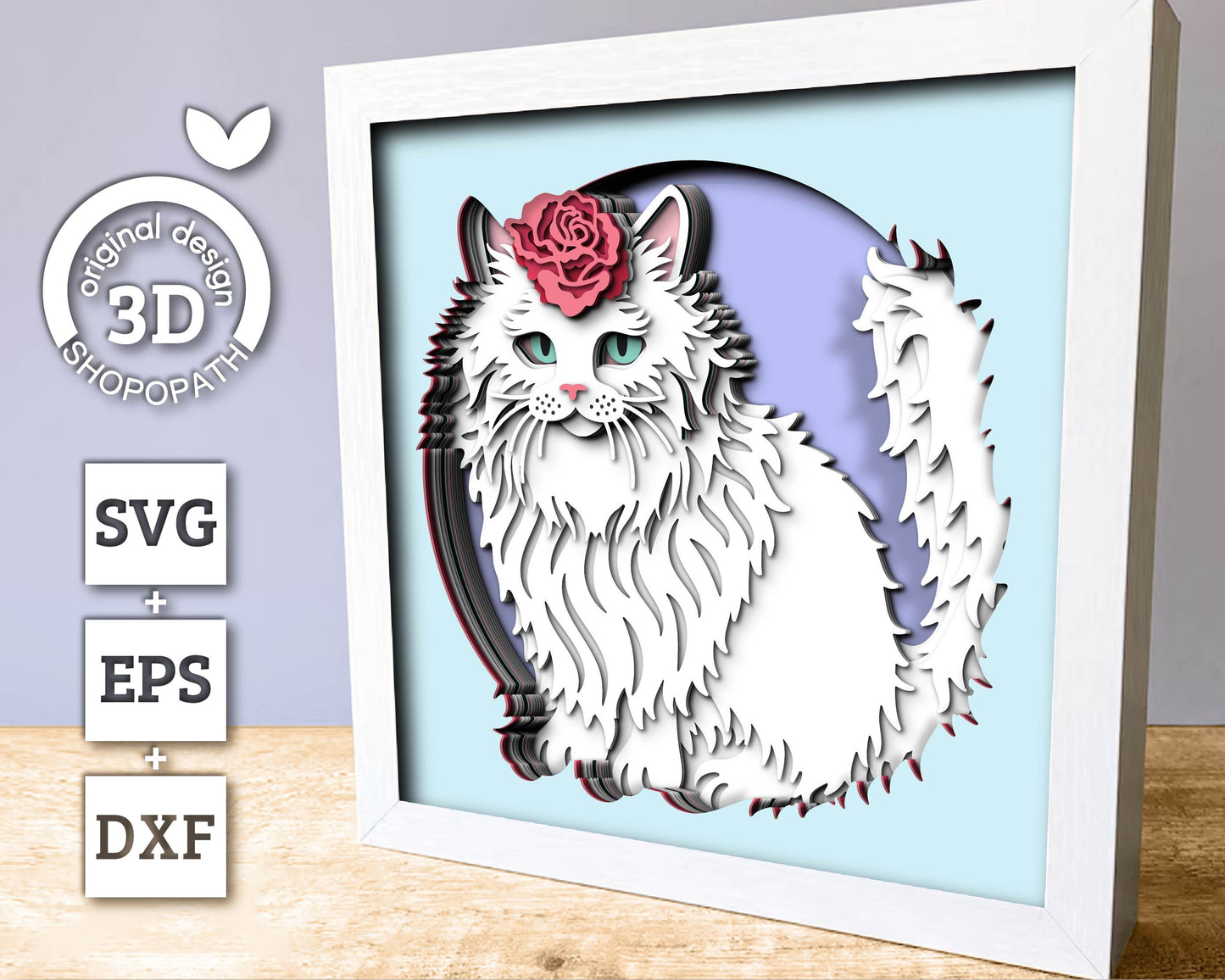 Persian White Cat with Rose - 3D Shadow Box Layered SVG DXF EPS (Cutting Files)