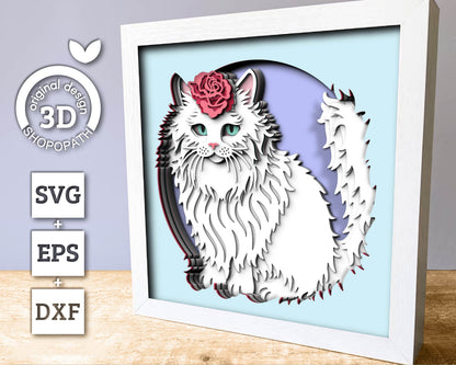 Persian White Cat with Rose - 3D Shadow Box Layered SVG DXF EPS (Cutting Files)