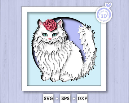Persian White Cat with Rose - 3D Shadow Box Layered SVG DXF EPS (Cutting Files)