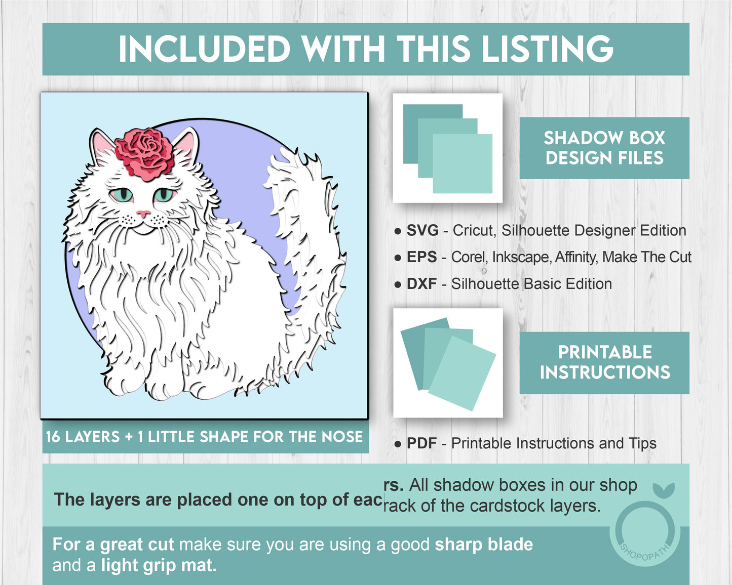 Persian White Cat with Rose - 3D Shadow Box Layered SVG DXF EPS (Cutting Files)