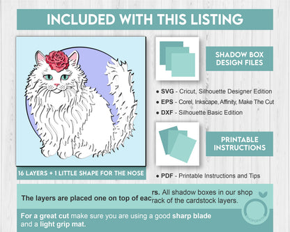 Persian White Cat with Rose - 3D Shadow Box Layered SVG DXF EPS (Cutting Files)