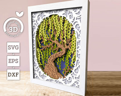 3D Willow Tree Shadow Box SVG, 8 x 10 inch Willow Tree 3D SVG, 3D Layered Willow Svg, 3D Summer SVG, 3d Lace Frame svg Cricut Silhouette