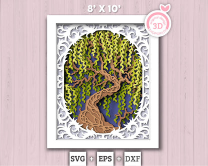 3D Willow Tree Shadow Box SVG, 8 x 10 inch Willow Tree 3D SVG, 3D Layered Willow Svg, 3D Summer SVG, 3d Lace Frame svg Cricut Silhouette