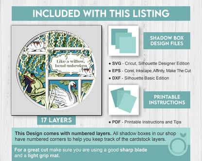 3D Customisable Willow Tree Shadow Box SVG, Willow Tree 3D svg, Swan 3D SVG, 3D Frog Svg, 3d Luna Moth svg, Lily Flower, Cricut Silhouette