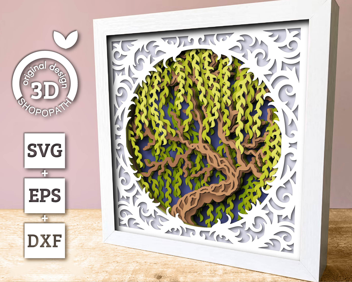 3D Willow Tree With Lace Frame Shadow Box SVG, Willow Tree 3D SVG, 3D Layered Willow Svg, 3D Summer SVG, 3d Lace Frame svg Cricut Silhouette