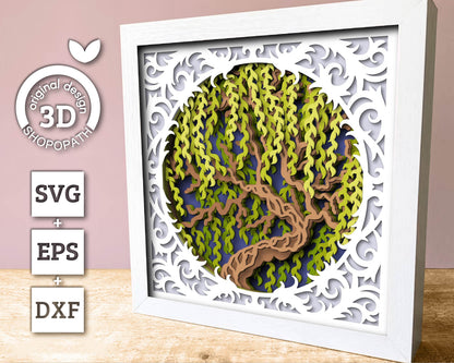 3D Willow Tree With Lace Frame Shadow Box SVG, Willow Tree 3D SVG, 3D Layered Willow Svg, 3D Summer SVG, 3d Lace Frame svg Cricut Silhouette