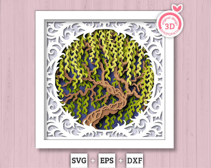 3D Willow Tree With Lace Frame Shadow Box SVG, Willow Tree 3D SVG, 3D Layered Willow Svg, 3D Summer SVG, 3d Lace Frame svg Cricut Silhouette