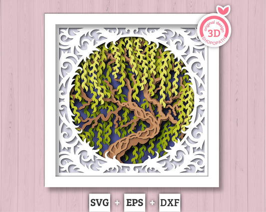 3D Willow Tree With Lace Frame Shadow Box SVG, Willow Tree 3D SVG, 3D Layered Willow Svg, 3D Summer SVG, 3d Lace Frame svg Cricut Silhouette