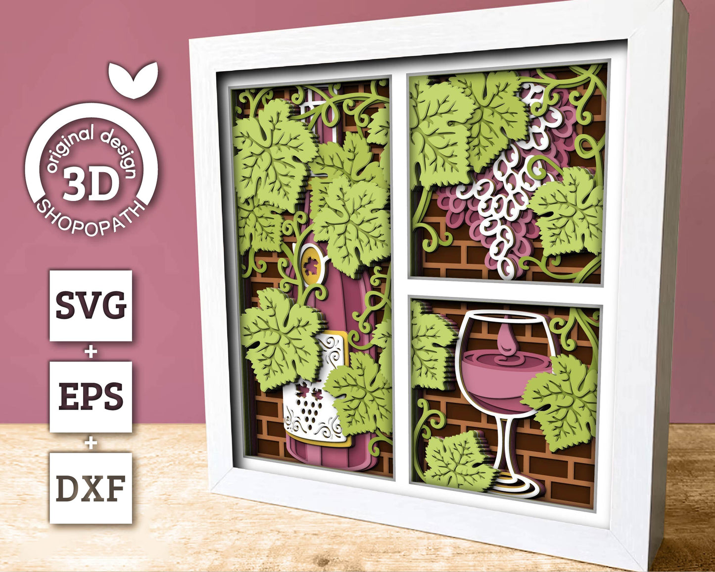 Wine Bottle with Grapevine Panels - 3D Shadow Box Layered SVG DXF EPS (Cutting Files)