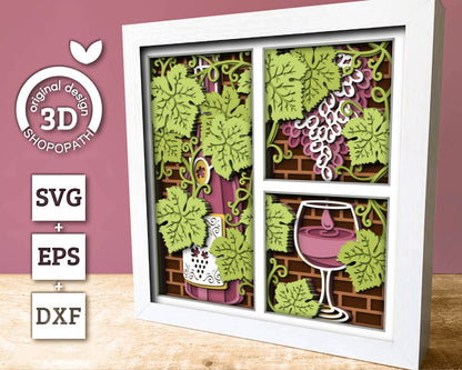 Wine Bottle with Grapevine Panels - 3D Shadow Box Layered SVG DXF EPS (Cutting Files)