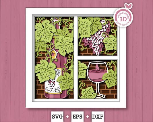 Wine Bottle with Grapevine Panels - 3D Shadow Box Layered SVG DXF EPS (Cutting Files)
