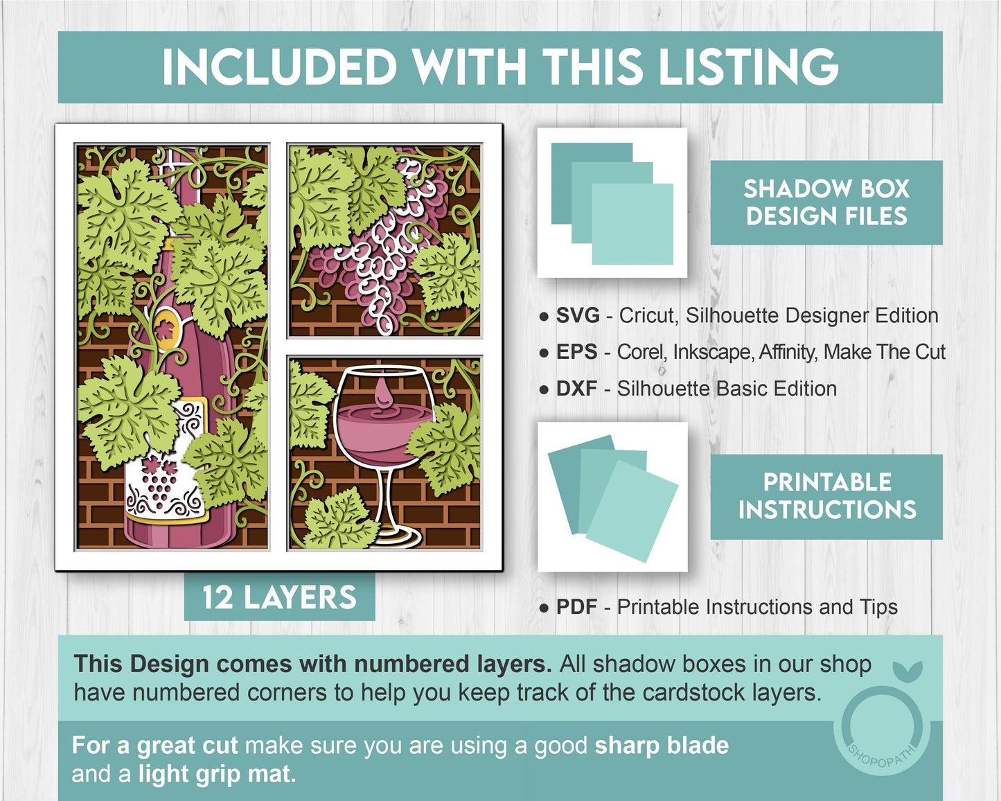 Wine Bottle with Grapevine Panels - 3D Shadow Box Layered SVG DXF EPS (Cutting Files)