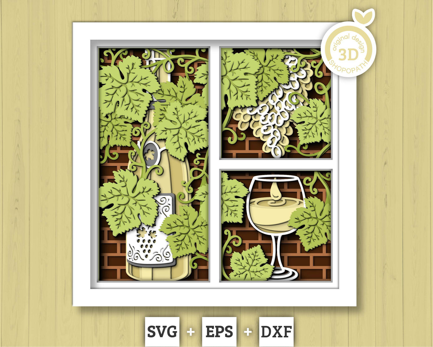 Wine Bottle with Grapevine Panels - 3D Shadow Box Layered SVG DXF EPS (Cutting Files)