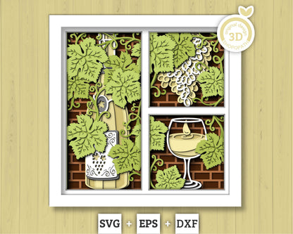Wine Bottle with Grapevine Panels - 3D Shadow Box Layered SVG DXF EPS (Cutting Files)