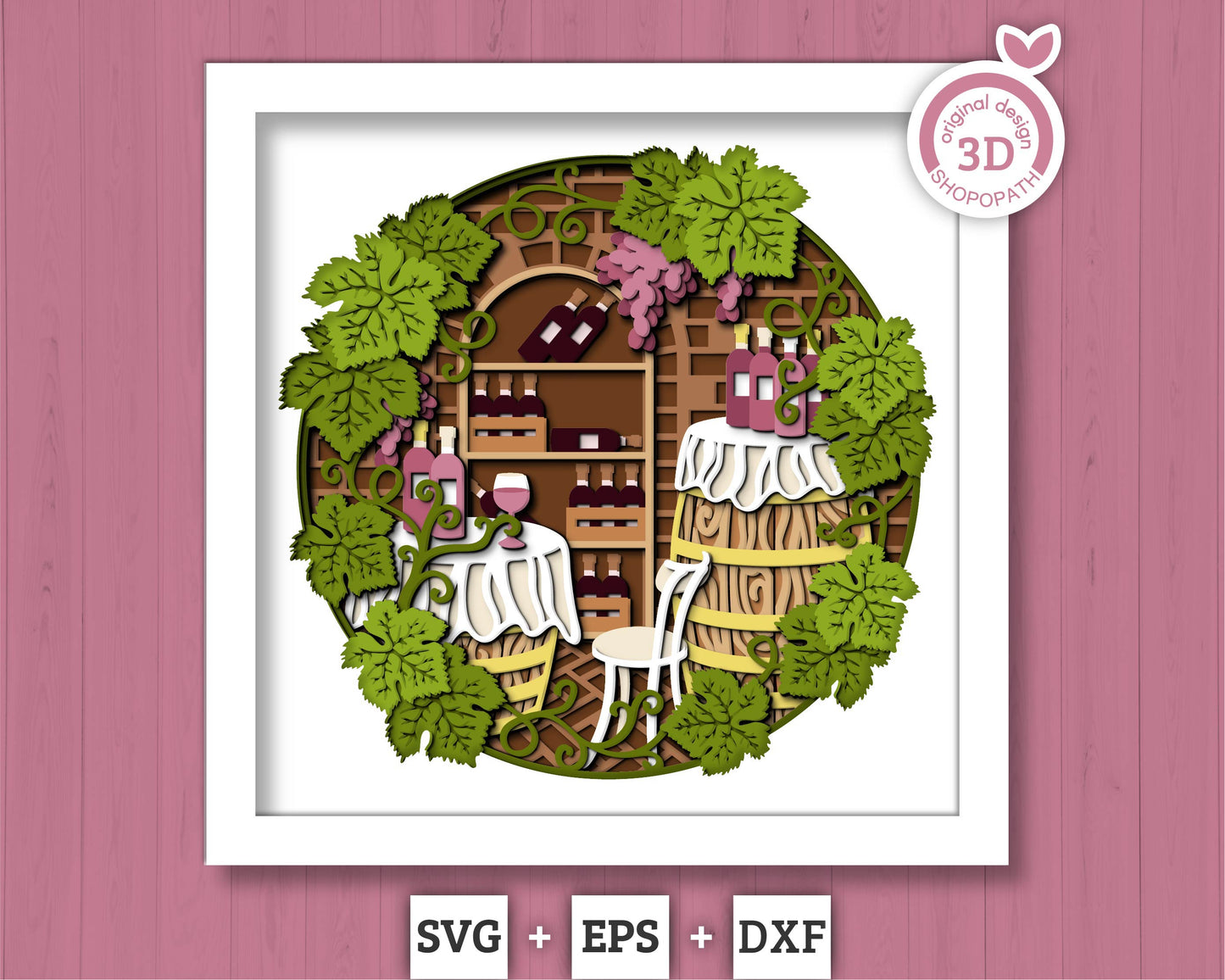 Wine Cellar with Grapevine Leaves - 3D Shadow Box Layered SVG DXF EPS (Cutting Files)