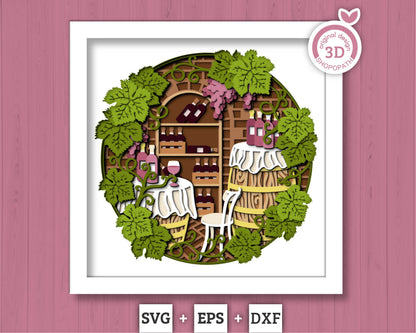 Wine Cellar with Grapevine Leaves - 3D Shadow Box Layered SVG DXF EPS (Cutting Files)
