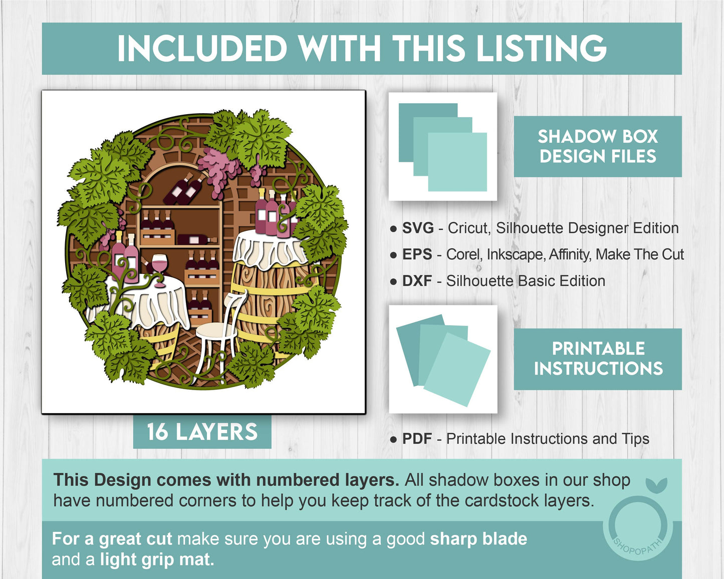 Wine Cellar with Grapevine Leaves - 3D Shadow Box Layered SVG DXF EPS (Cutting Files)