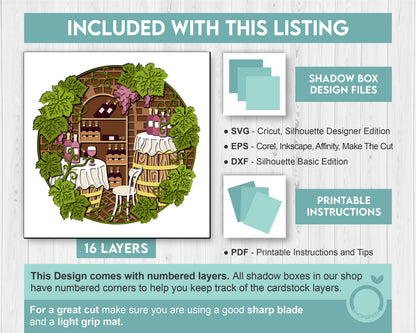 Wine Cellar with Grapevine Leaves - 3D Shadow Box Layered SVG DXF EPS (Cutting Files)