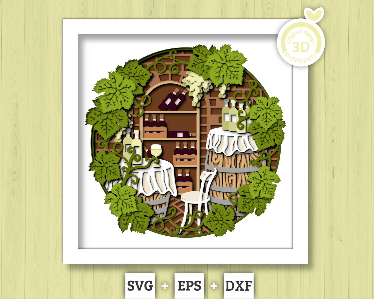 Wine Cellar with Grapevine Leaves - 3D Shadow Box Layered SVG DXF EPS (Cutting Files)