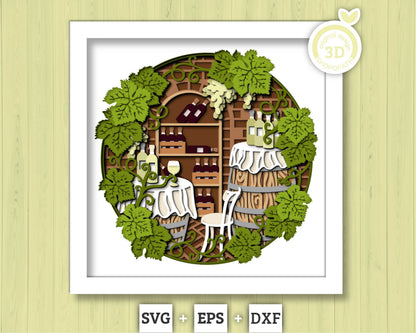 Wine Cellar with Grapevine Leaves - 3D Shadow Box Layered SVG DXF EPS (Cutting Files)