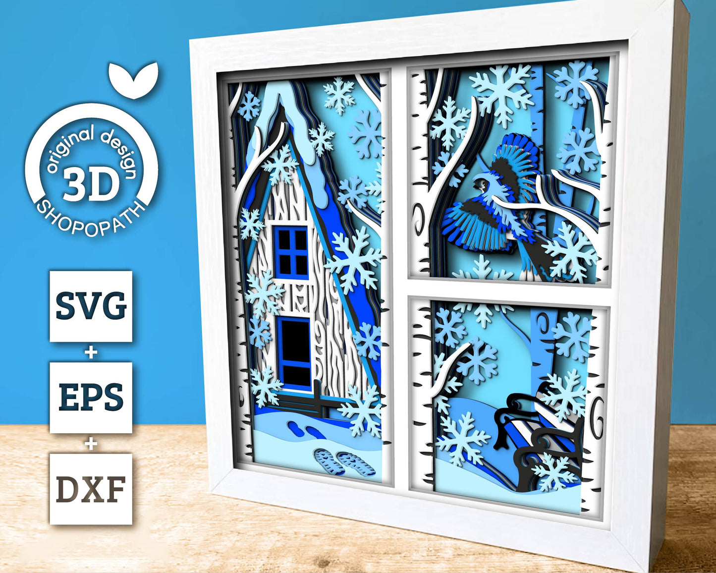 3D SVG Winter Shadow Box, Layered Bluejay Shadow Box Svg, Snowflakes 3D Svg, Birch Forest 3d Svg Christmas Shadow Box svg Cricut Silhouette