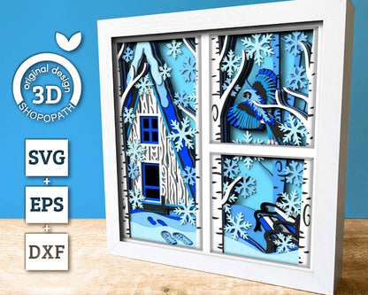 3D SVG Winter Shadow Box, Layered Bluejay Shadow Box Svg, Snowflakes 3D Svg, Birch Forest 3d Svg Christmas Shadow Box svg Cricut Silhouette