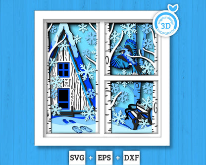 3D SVG Winter Shadow Box, Layered Bluejay Shadow Box Svg, Snowflakes 3D Svg, Birch Forest 3d Svg Christmas Shadow Box svg Cricut Silhouette
